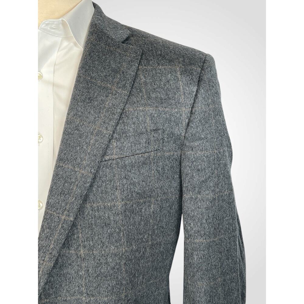 Saks 100% Brushed Cashmere Sport Coat 44-46L Gray Camel Windowpane Plaid - Picture 7 of 16